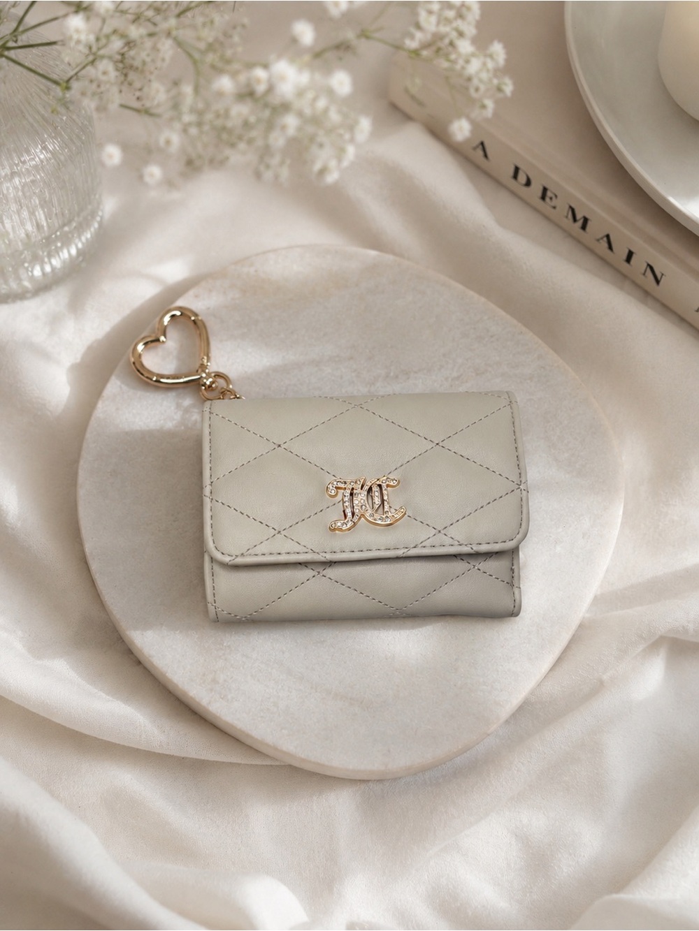 Juicy Couture Cream Quilted Wallet Heart Keychain Card Holder Coin Purse
